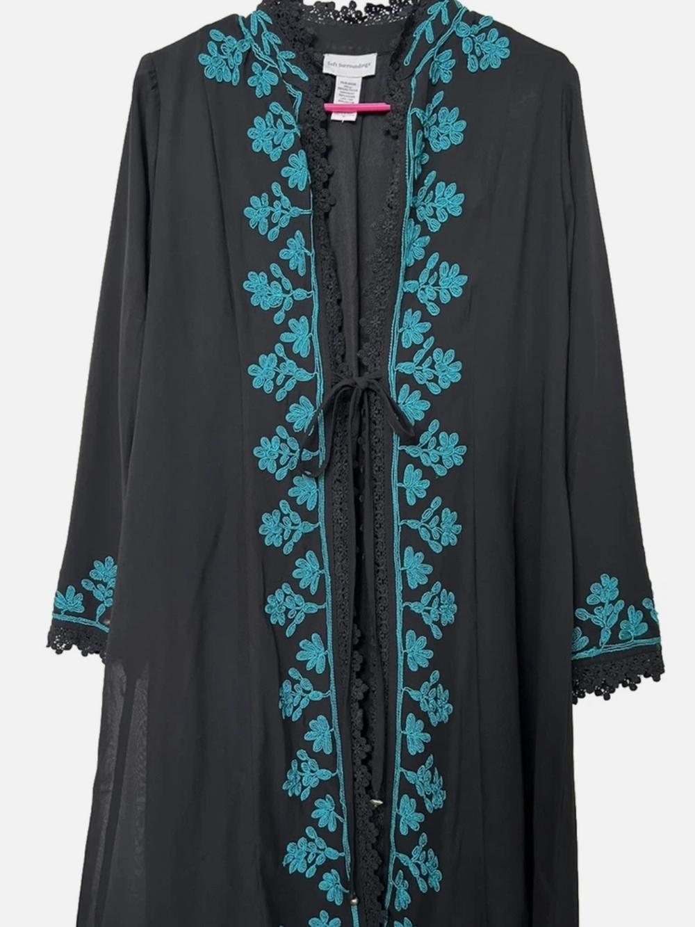 Soft Surroundings Padma Black Embroidered Duster Jacket Sz L EUC Boho